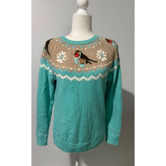 Talbots aqua Fair Isle bird print pullover lambswool blend sweater MP - Picture 2 of 9